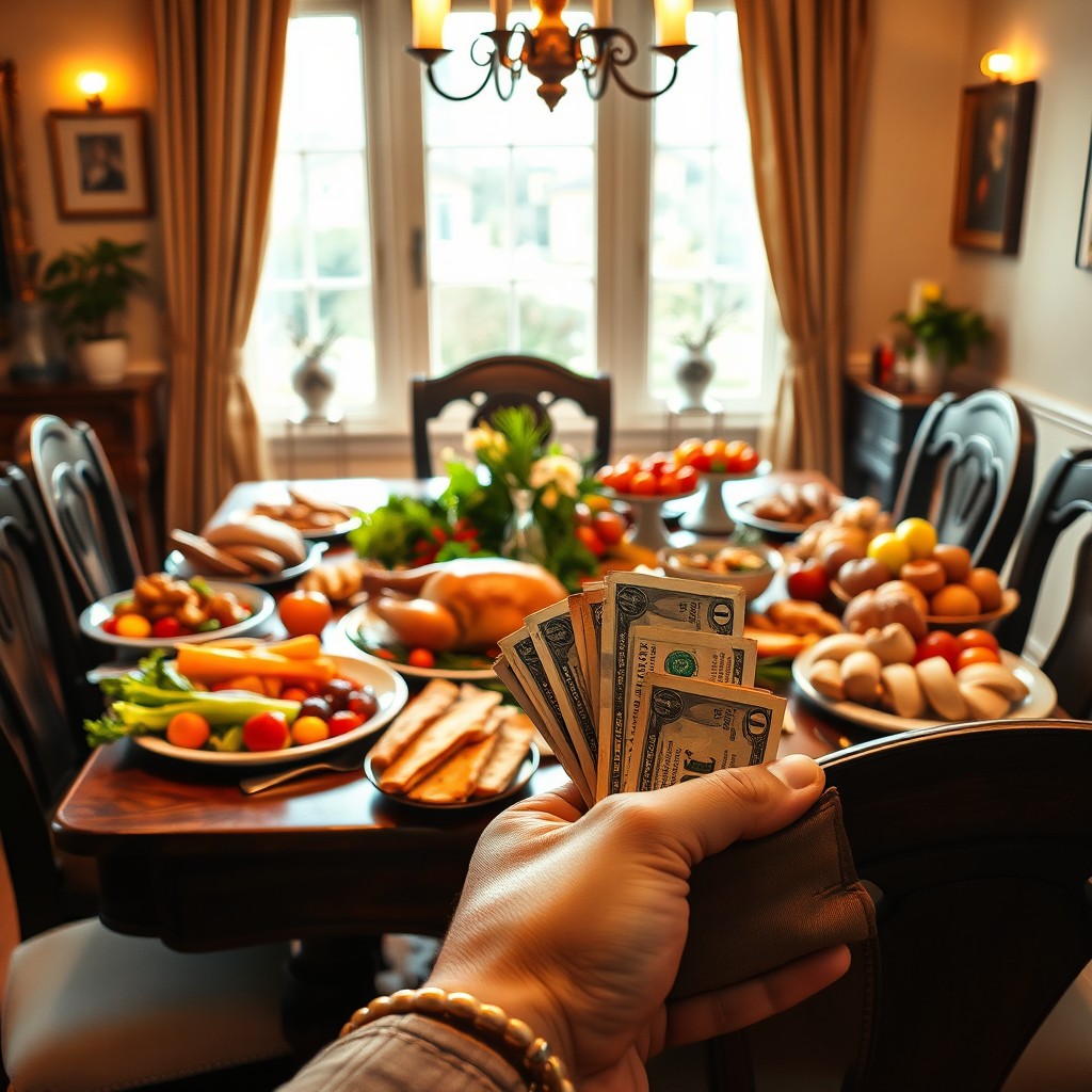 A cozy, warmly-lit dining room scene featuring a beautifully set table filled with various delicious foods: a roast chicken, fresh vegetables, an assortment of breads, and vibrant fruits