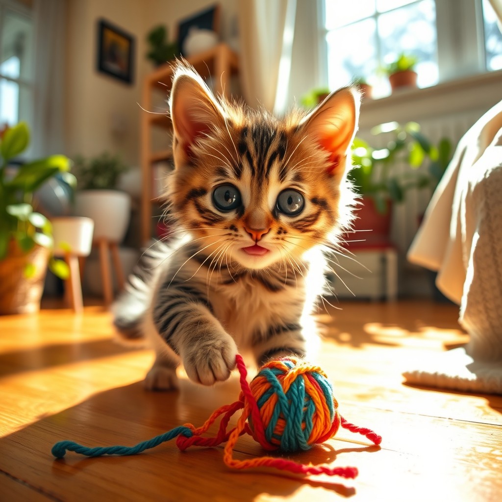 A cute young cat with big bright eyes, playing with a colorful ball of yarn in a sunny, cozy living room