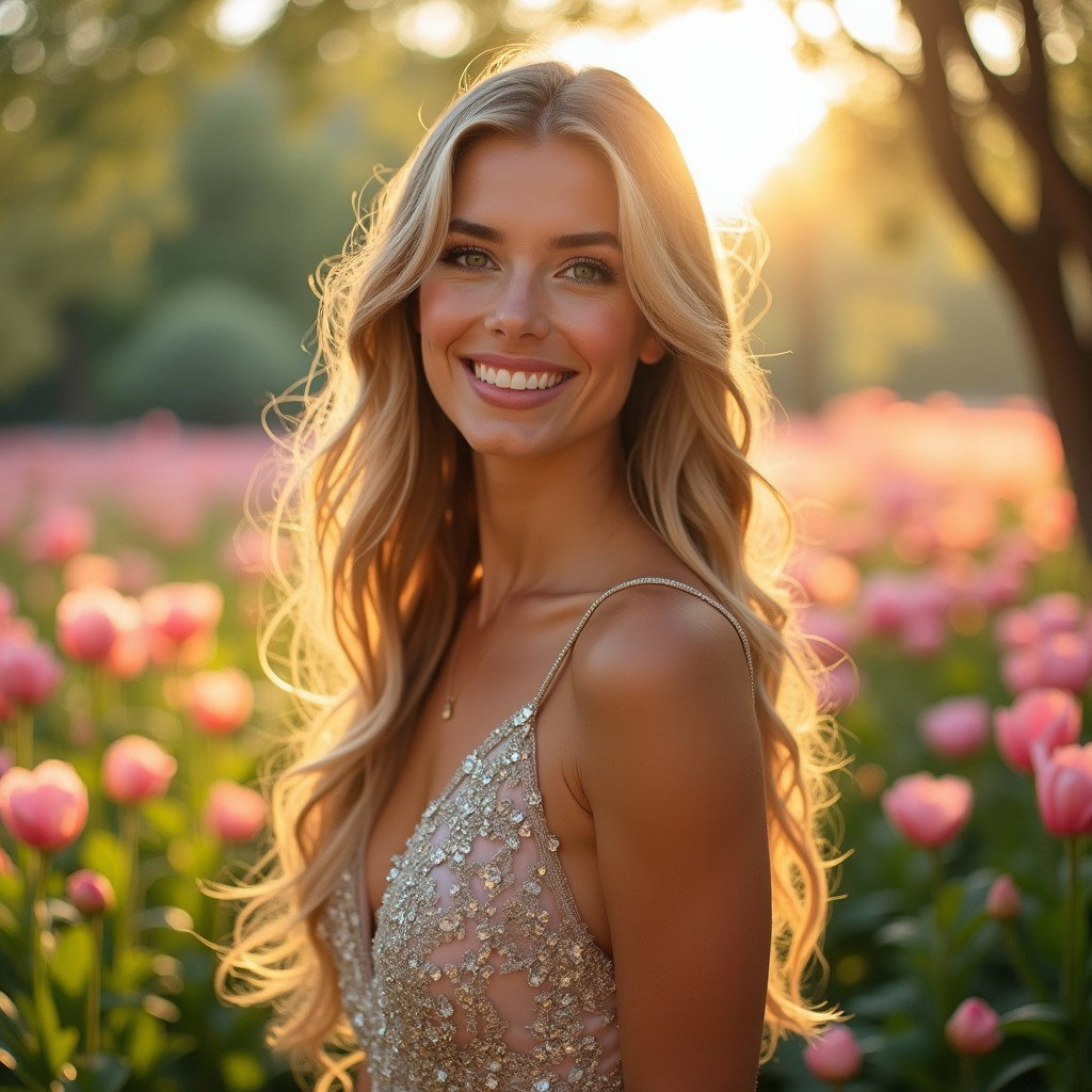 A stunning portrait of a woman with long flowing hair, wearing an elegant dress, standing in a sunlit garden filled with vibrant flowers
