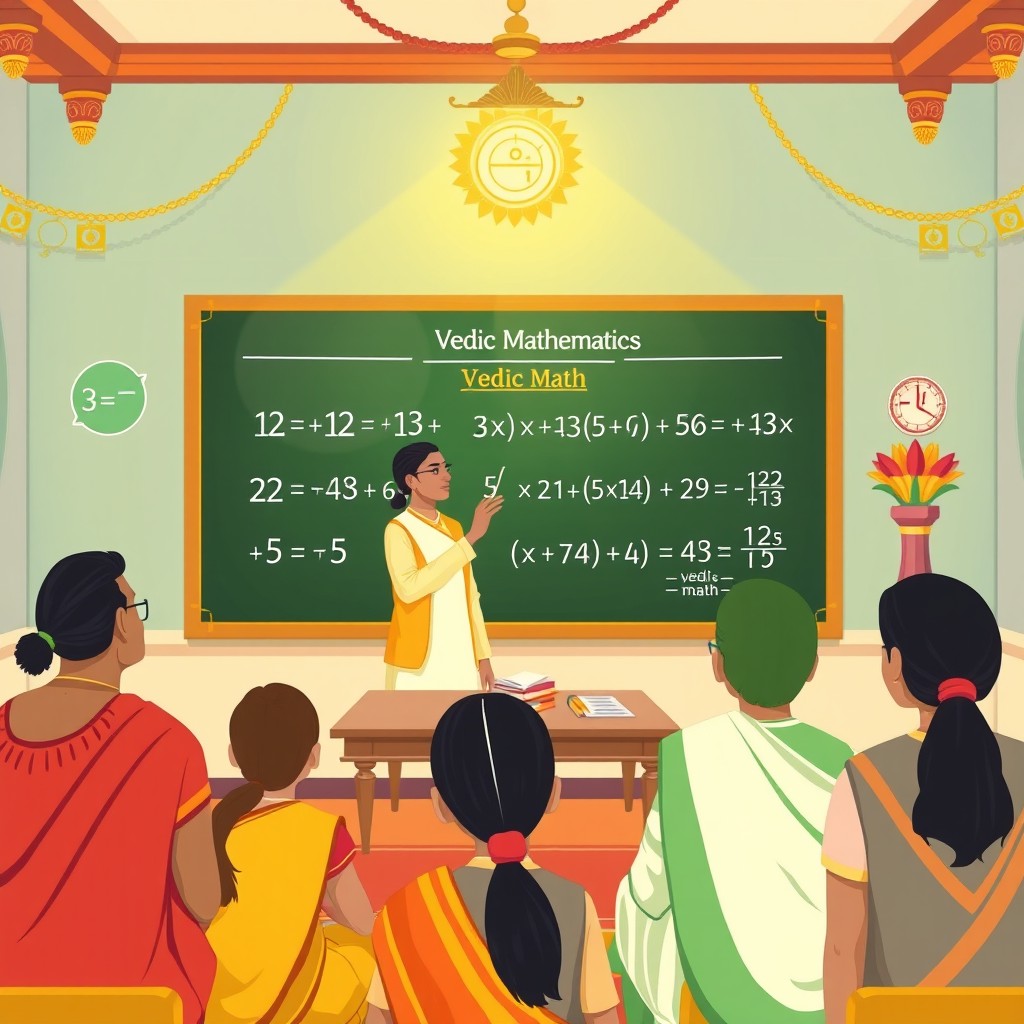 An informative and visually engaging illustration of Vedic Mathematics, featuring various ancient Indian mathematical symbols and techniques