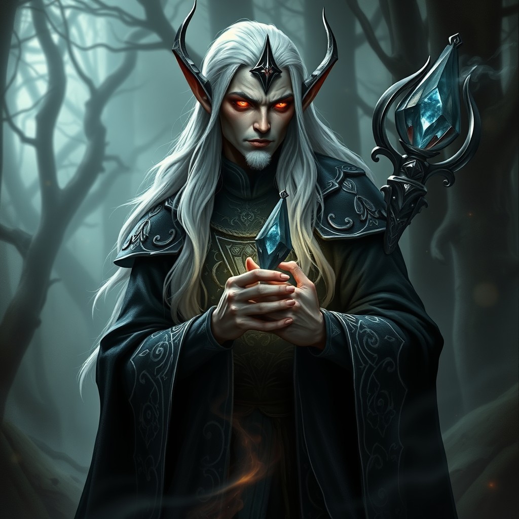 A dark elf wizard with shadow pact powers, adorned in intricate black robes with glowing silver runes, standing in a mystical forest