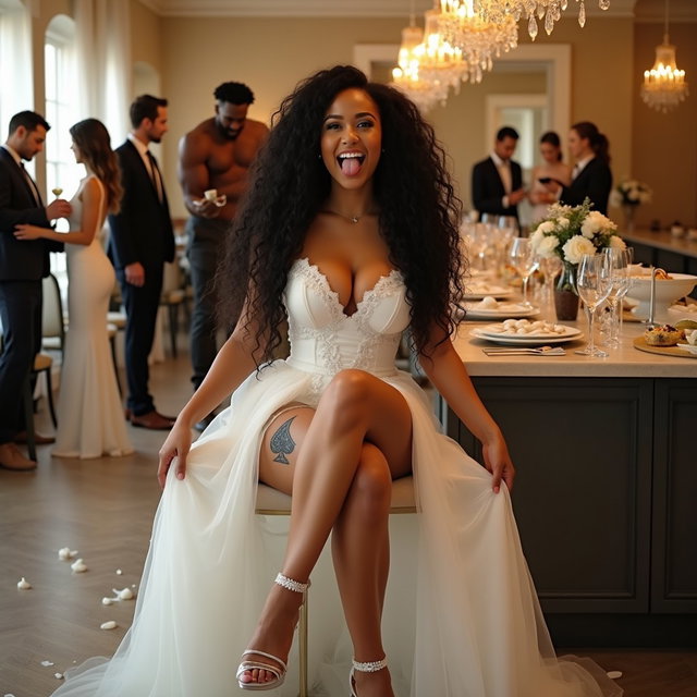 A captivating scene featuring a beautiful woman with long, curly, black hair and toned, thick legs, sitting gracefully in a festive banquet hall kitchen during a wedding