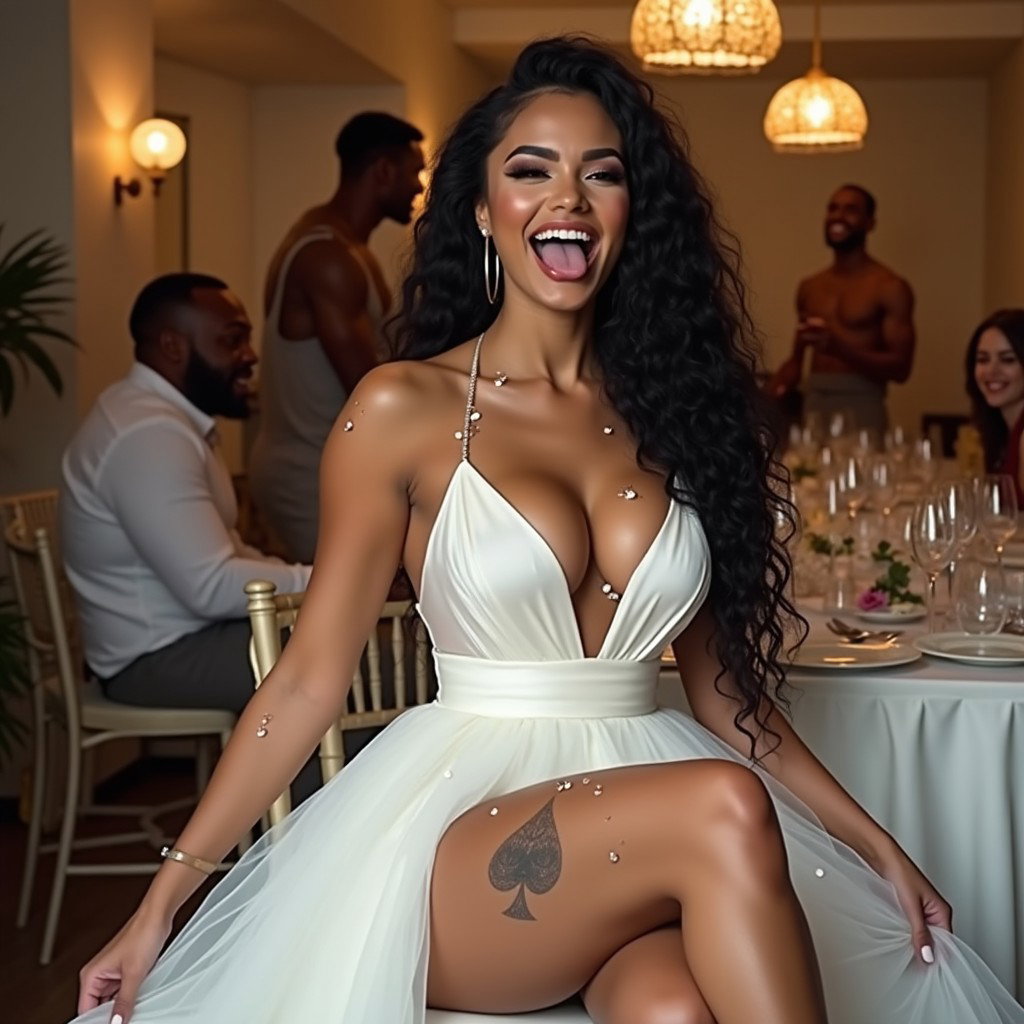 A stunning scene depicting a beautiful woman with long, curly, black hair and voluptuous thighs, sitting in a festive banquet hall kitchen during a wedding