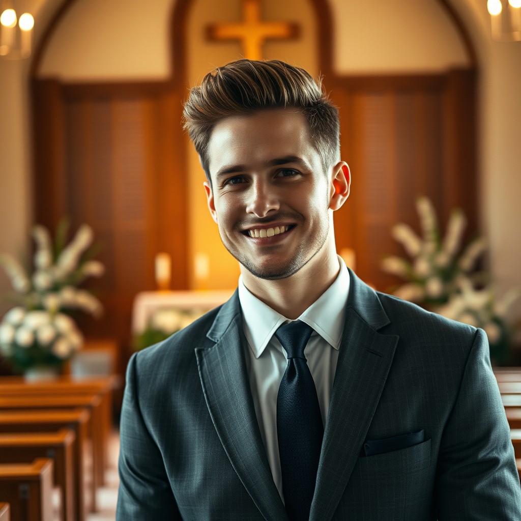 A handsome, well-dressed man, looking charismatic and confident, standing in a beautifully decorated church setting, with soft, warm lighting that accentuates his features