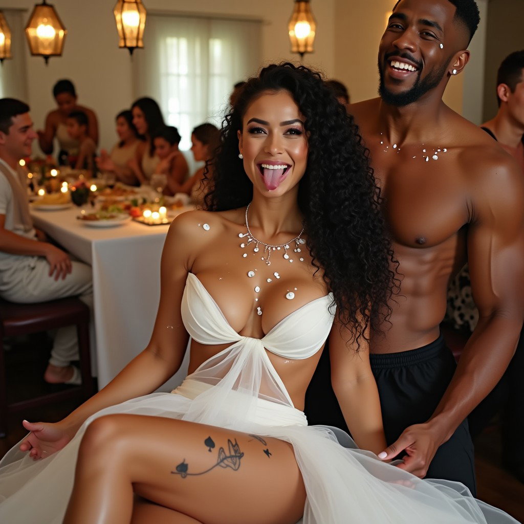 A striking scene featuring a light-skinned Mexican woman with long, curly black hair and thick, toned legs, sitting playfully in a festive banquet hall kitchen during a wedding