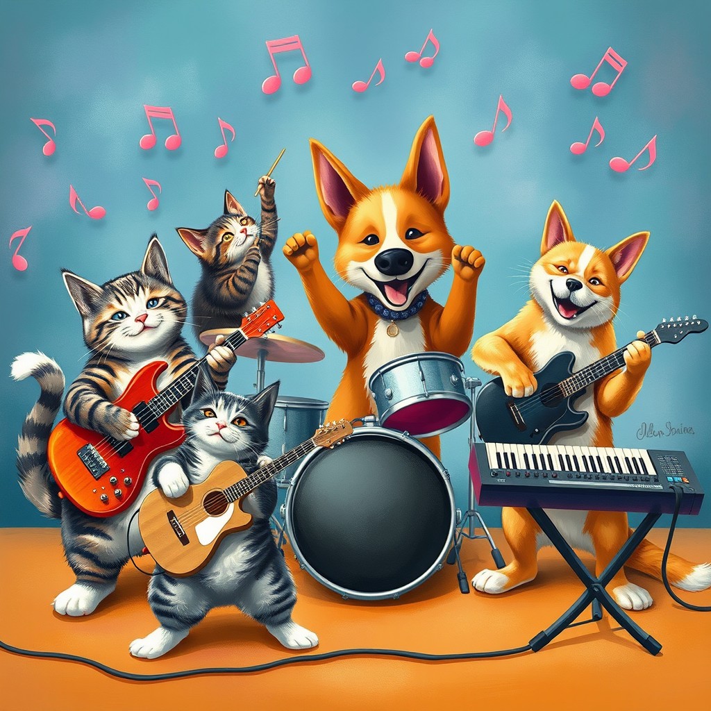 A whimsical scene featuring playful cats playing guitars, a dog happily drumming on a drum set, and another dog energetically playing a synthesizer