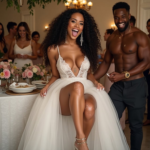 A stunning Mexican woman with light skin, long curly black hair, and toned, thick legs, sitting in a festive wedding banquet hall kitchen