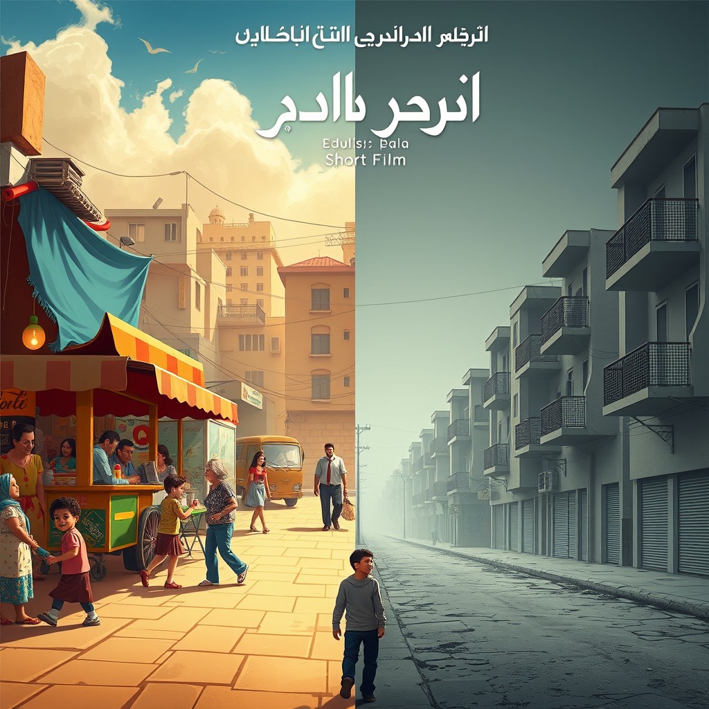 A movie poster for an Arabic short film depicting the emotional journey of a family—father, mother, and an ambitious young man—who move from a bustling old neighborhood after it has been demolished