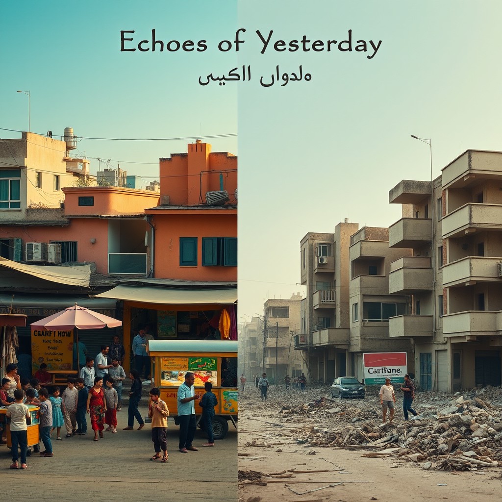 A movie poster for an Arabic short film that contrasts the vibrant, lively atmosphere of an old popular neighborhood with the stark silence of a newly demolished area