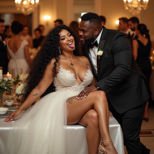 A striking scene featuring a light-skinned Mexican woman with long, curly black hair, thick toned legs, and wide hips