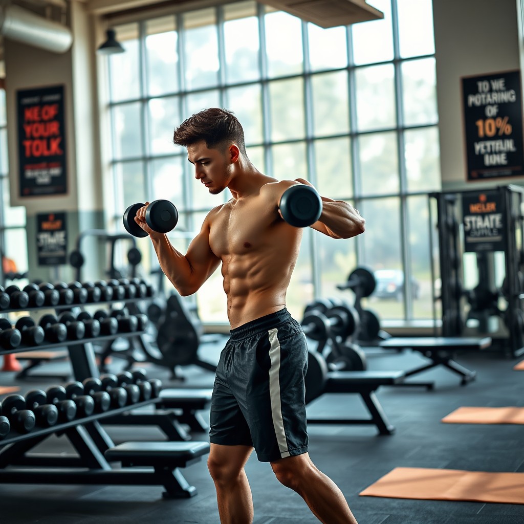 A fitness scene showcasing a person exercising with dumbbells in a well-equipped gym