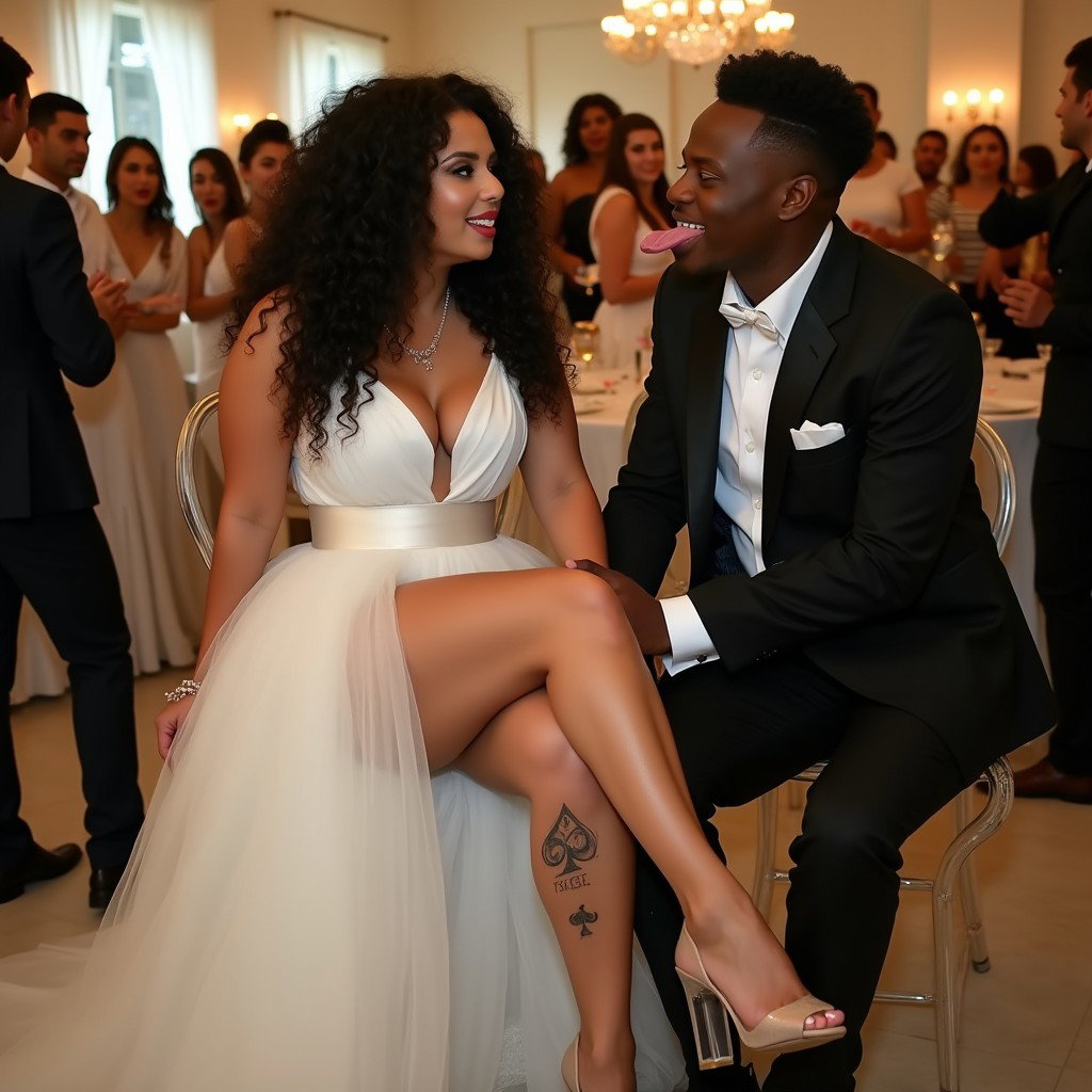 A striking scene featuring a Mexican woman with light skin, long curly black hair, and toned thick legs, sitting elegantly in a festive banquet hall kitchen during a wedding