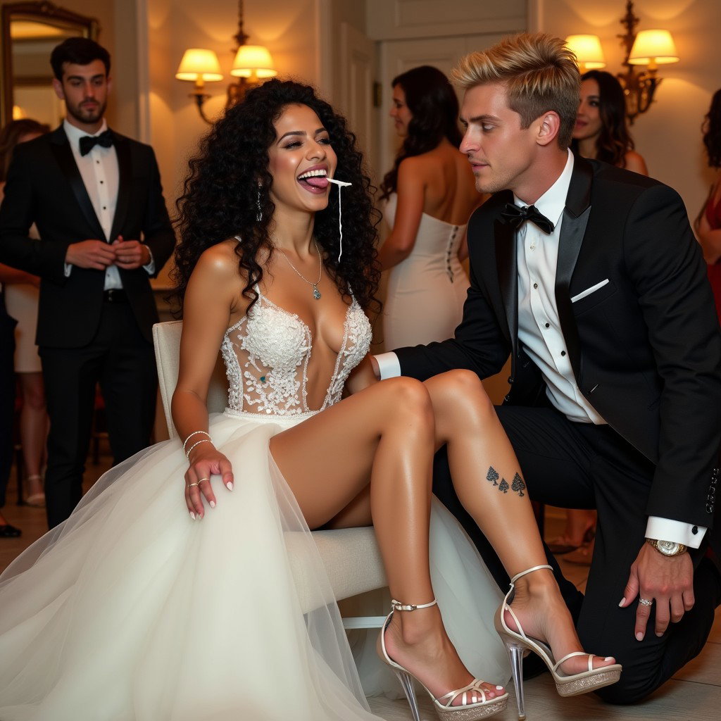 A striking scene featuring a light-skinned Mexican woman with long, curly black hair, showcasing her toned, thick legs and wide hips