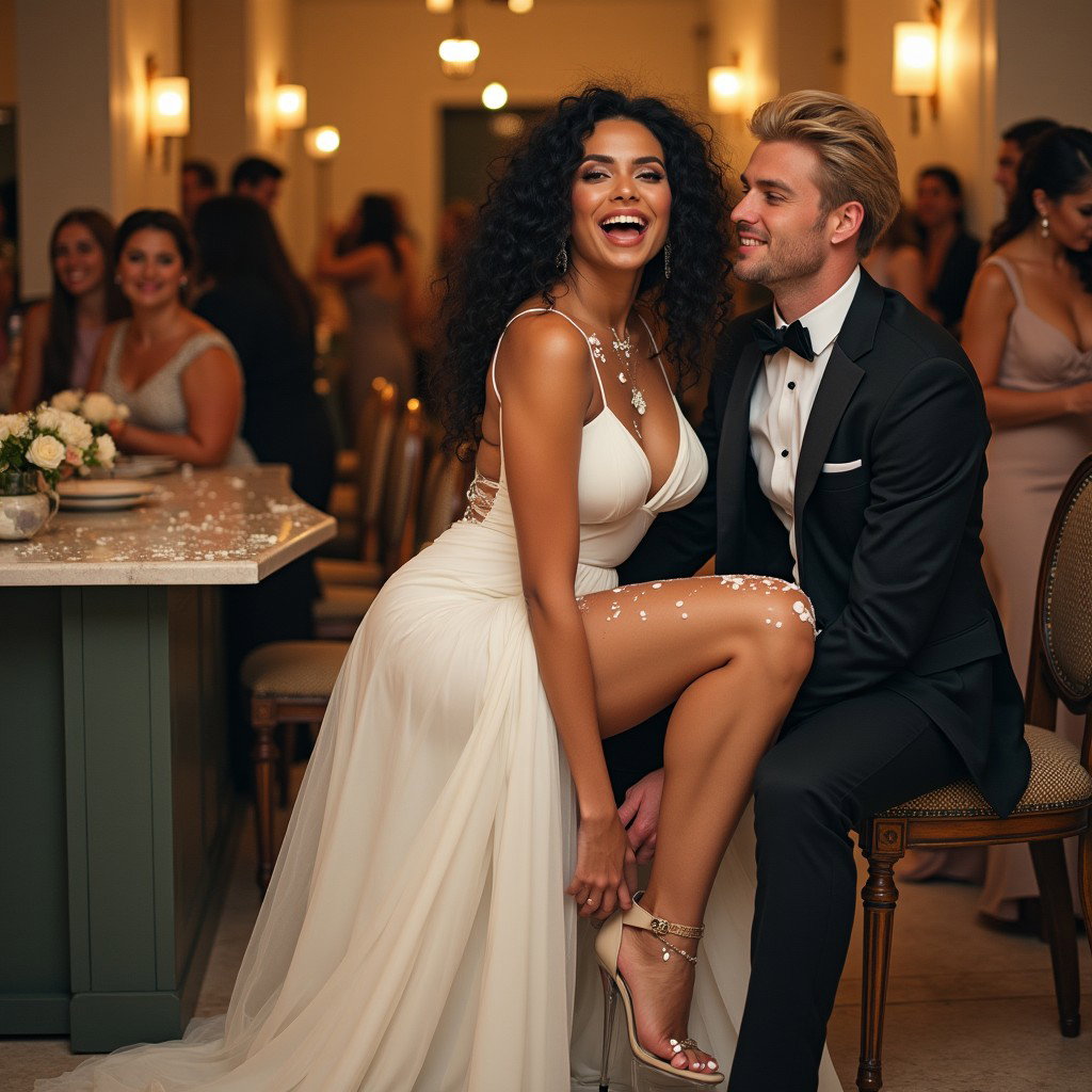 A striking scene featuring a light-skinned Mexican woman with long, curly black hair and voluptuous thighs, sitting elegantly in a festive banquet hall kitchen during a wedding
