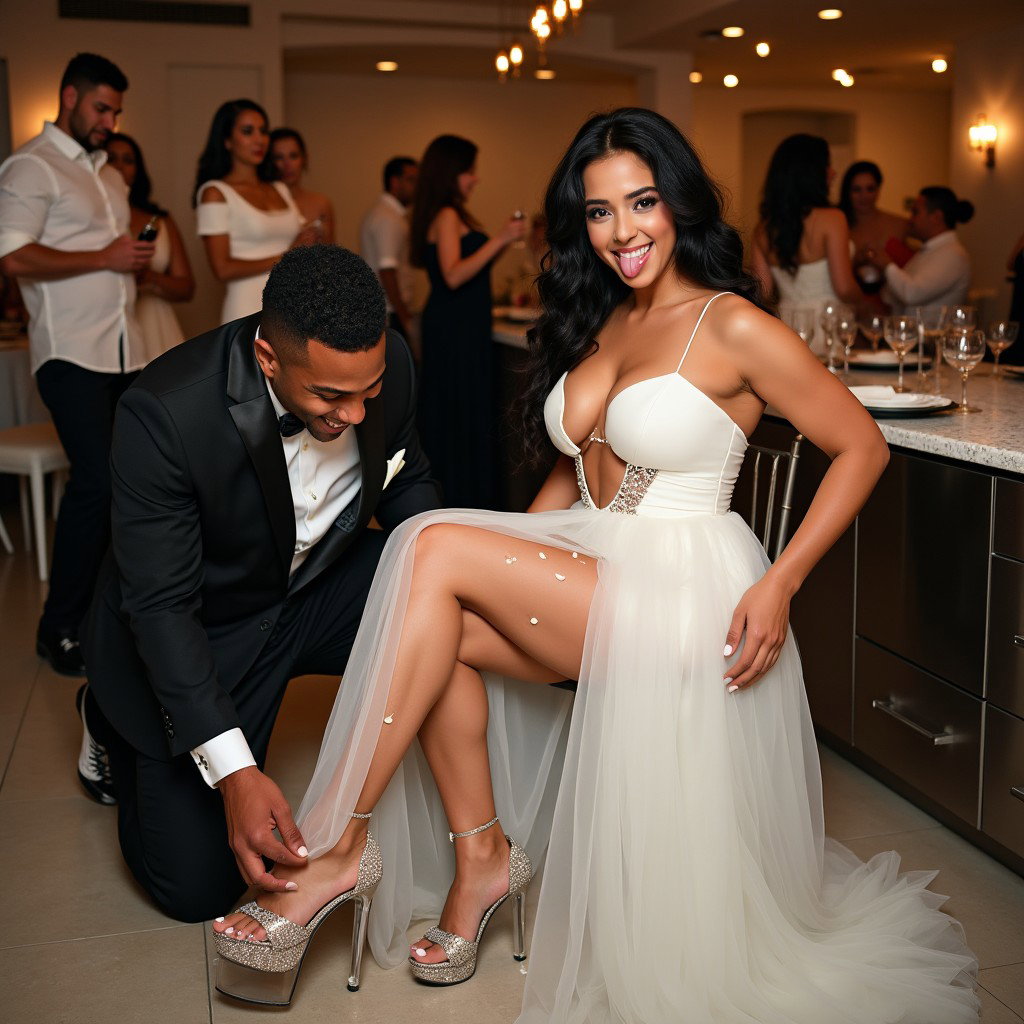 A lively wedding scene featuring a Mexican woman with fair skin, long, curly black hair, and voluptuous legs sitting in a festive banquet hall kitchen