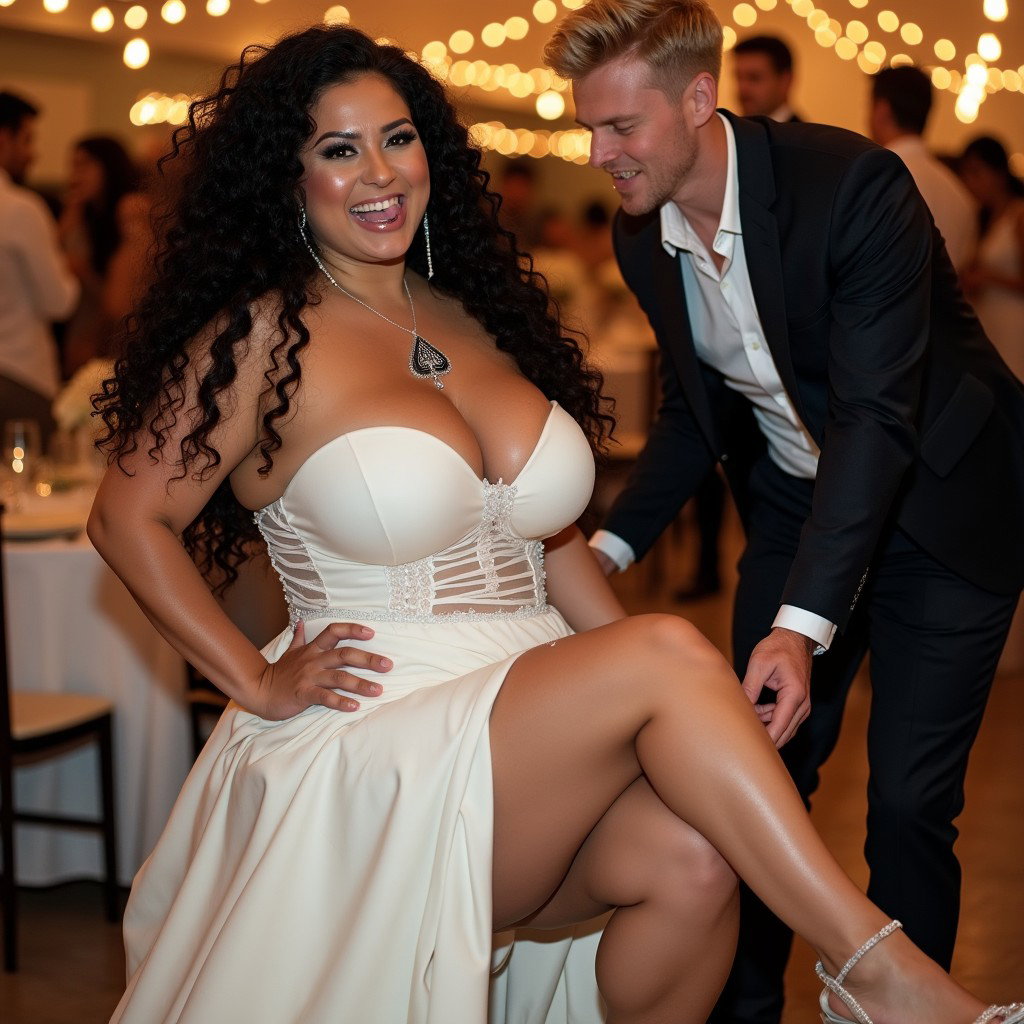 A lively scene featuring a light-skinned Mexican woman with long, curly black hair, thick toned legs, and wide hips, seated playfully in a festive banquet hall kitchen during a wedding
