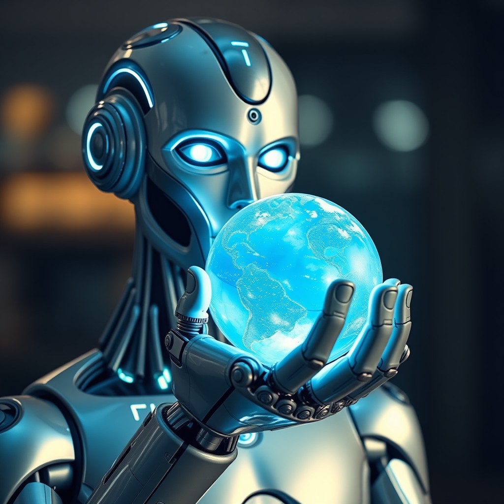 An ultra-intelligent robot, featuring sleek metallic design and glowing circuits, positioned close to the camera, holding a beautifully illuminated globe within its hand