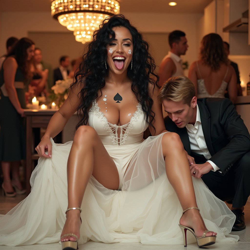 A captivating scene featuring a light-skinned Mexican woman with long, curly black hair and toned, thick legs, sitting playfully in a festive wedding banquet hall kitchen