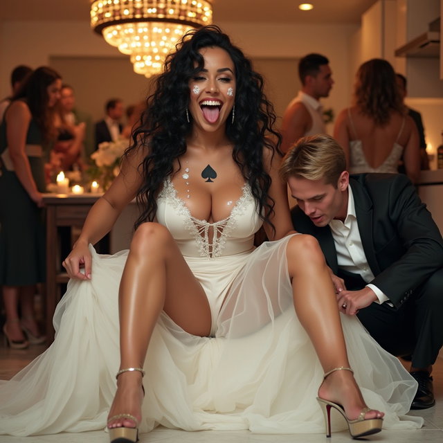 A captivating scene featuring a light-skinned Mexican woman with long, curly black hair and toned, thick legs, sitting playfully in a festive wedding banquet hall kitchen