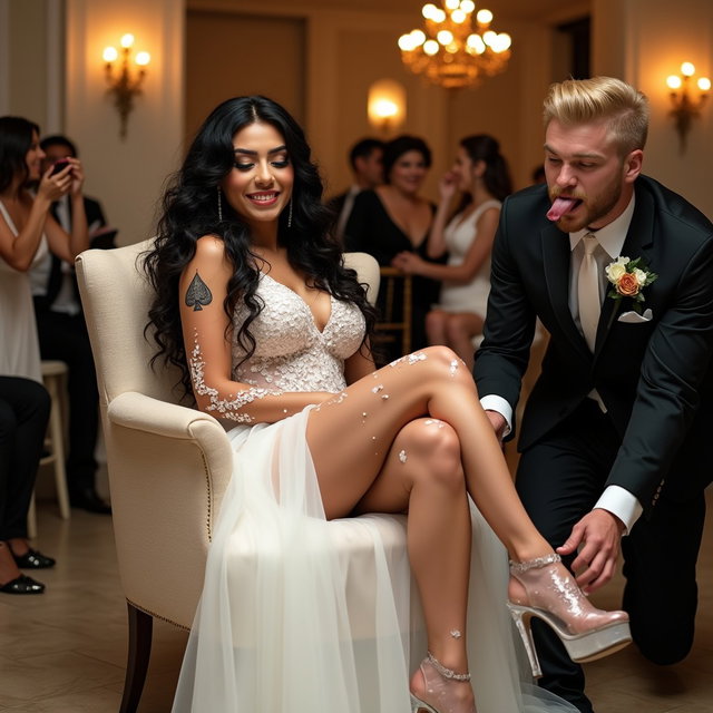 A captivating scene featuring a light-skinned Mexican woman with long, curly black hair, thick toned legs, and wide hips, sitting in an elegant armchair while opening her legs