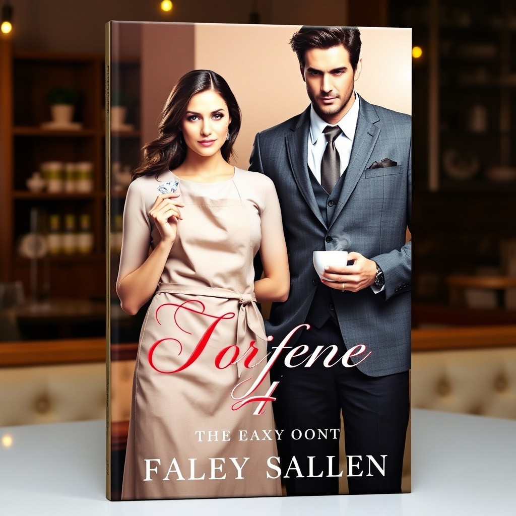 A realistic book cover featuring a tall man with black hair wearing a gray suit, standing confidently beside a woman with brown hair, dressed in a café apron