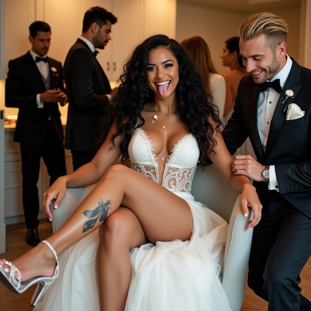 A radiant Mexican woman with clear skin, long curly black hair, and thick, toned legs is sitting elegantly in a chic armchair, opening her legs and showcasing her large thighs adorned with a spade tattoo