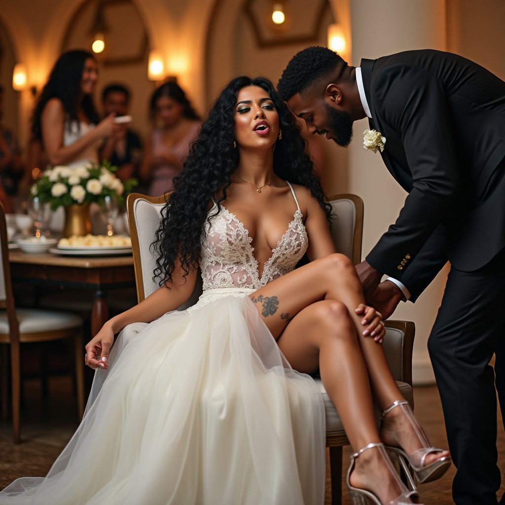 A captivating scene featuring a light-skinned Mexican woman with long, curly black hair, thick toned legs, and wide hips