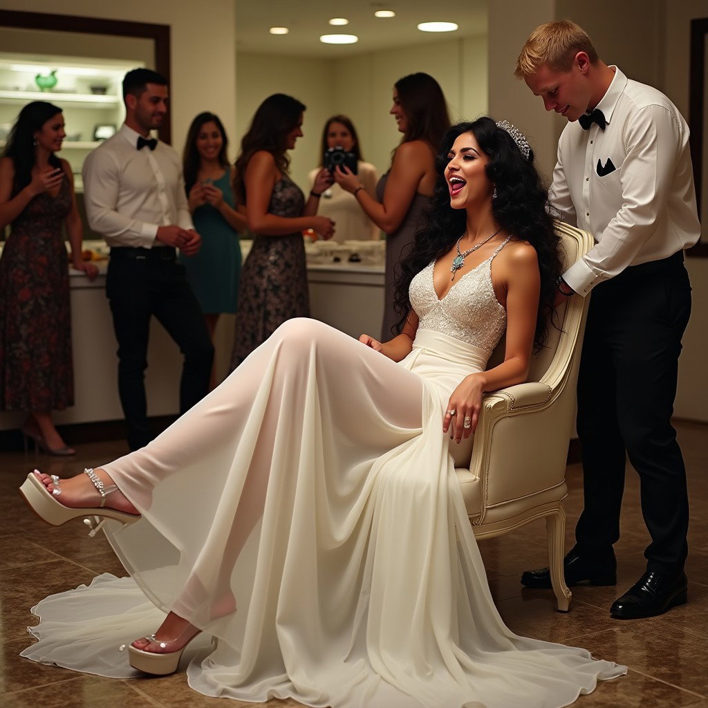 A captivating scene featuring a light-skinned Mexican woman with long, curly black hair, showcasing her thick, toned legs and wide hips