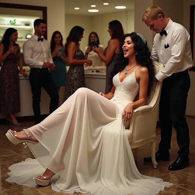 A captivating scene featuring a light-skinned Mexican woman with long, curly black hair, showcasing her thick, toned legs and wide hips