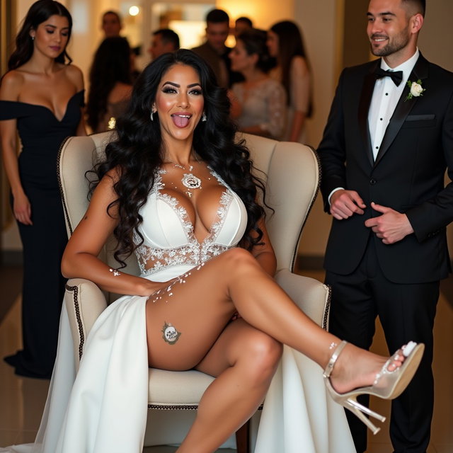 A captivating scene featuring a light-skinned Mexican woman with long, curly black hair, displaying her toned thick legs and wide hips