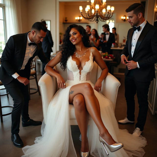 A captivating scene showcasing a light-skinned Mexican woman with long, curly black hair, sitting elegantly in a stylish armchair during a wedding