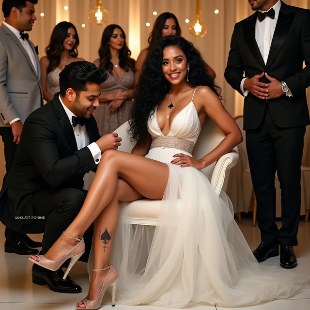 A glamorous wedding scene featuring a light-skinned Mexican woman with long, curly black hair and very thick, toned legs, sitting elegantly in a chic chair while playfully opening her legs