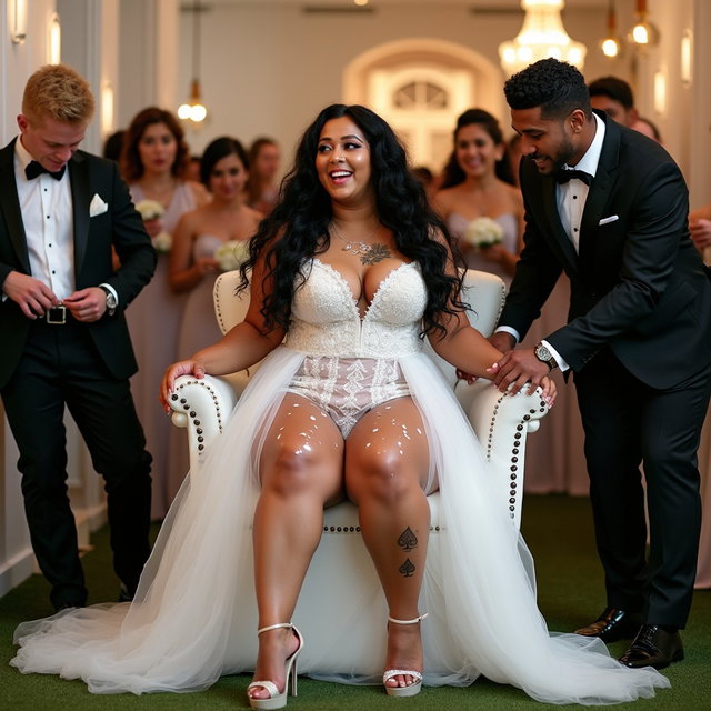 A vibrant wedding scene featuring a light-skinned Mexican woman with long, curly black hair and a strikingly curvy figure, including very thick, toned legs and wide hips