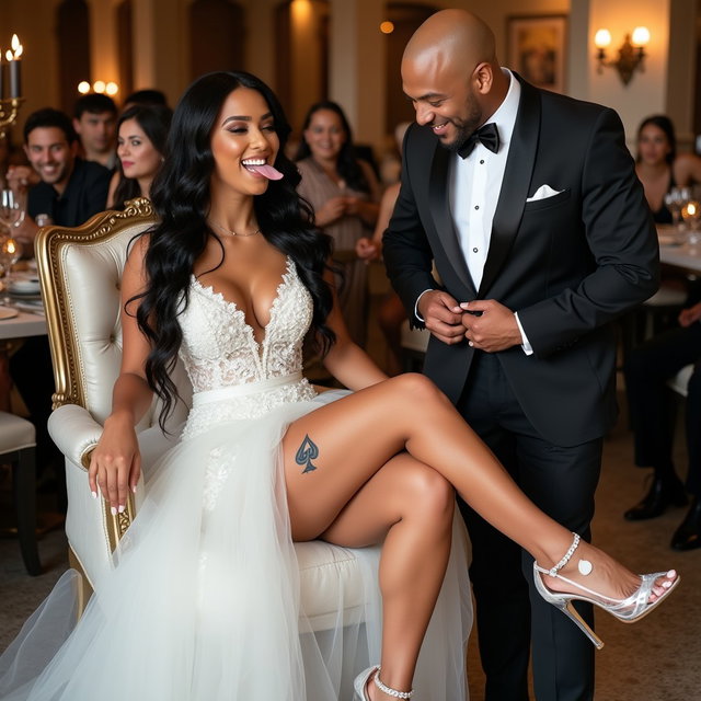 A vibrant scene featuring a light-skinned Mexican woman with long, curly black hair, a thick complexion, and very thick toned legs