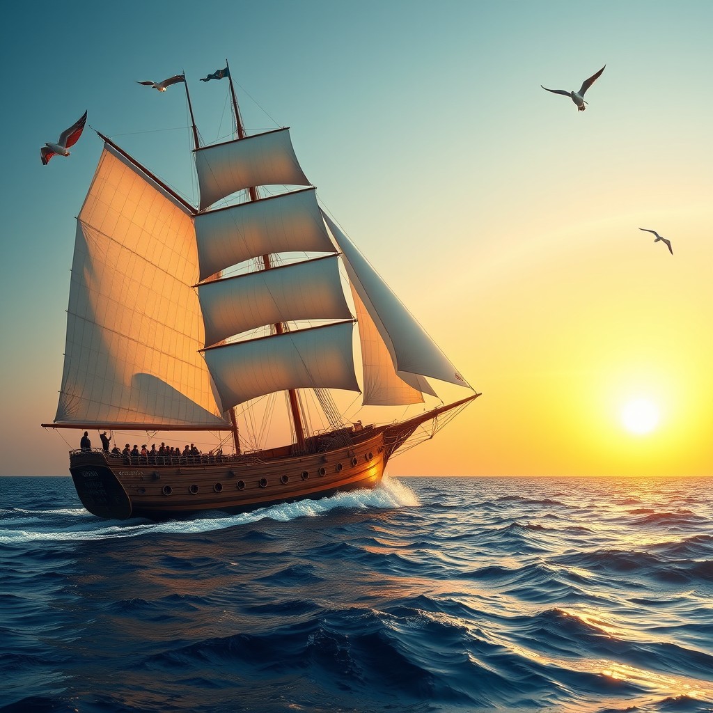 A majestic sailing ship cutting through the deep blue ocean, its sails billowing gracefully in the wind