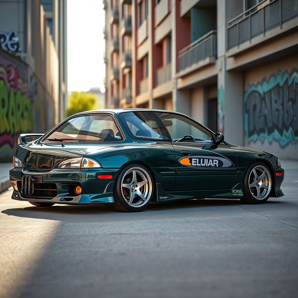 A modified 1998 Hyundai Elantra, featuring its original dark green color