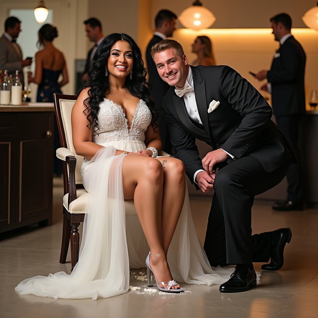 A striking scene of a light-skinned Mexican woman with long, curly black hair and a curvy physique, showcasing very thick, toned legs and wide hips