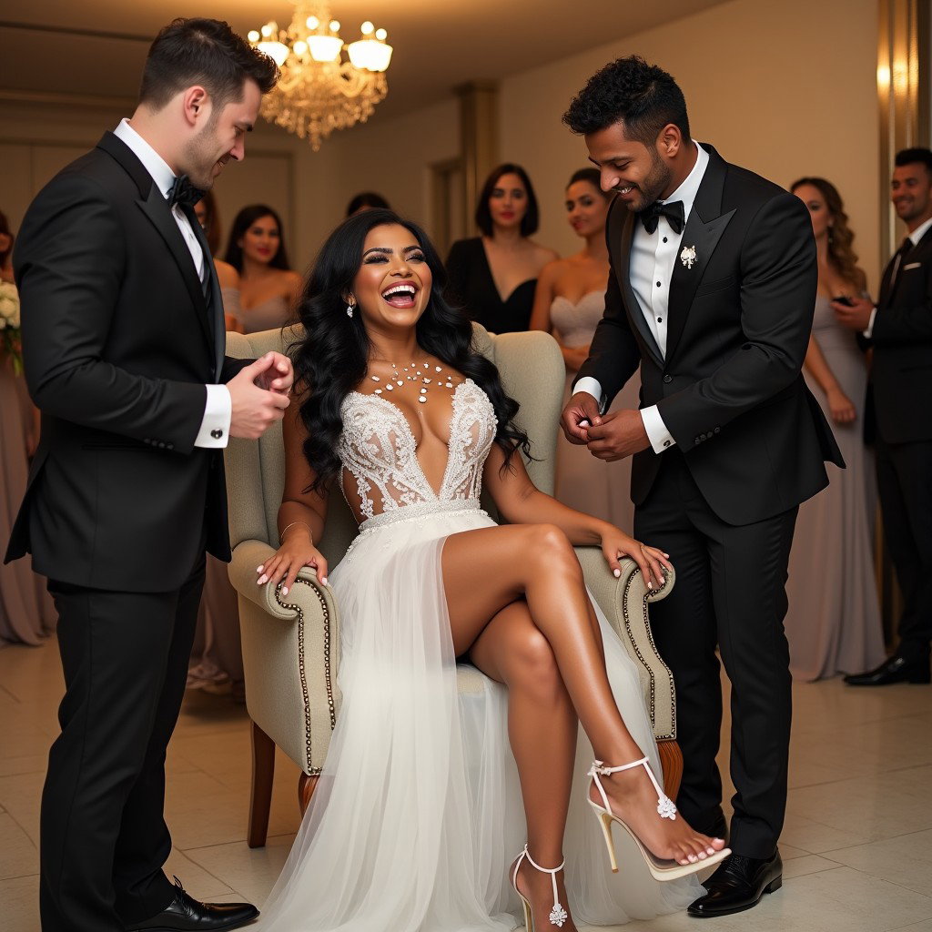 A striking scene featuring a Mexican woman with clear skin, long curly black hair, and a robust figure with very thick, toned legs and wide hips