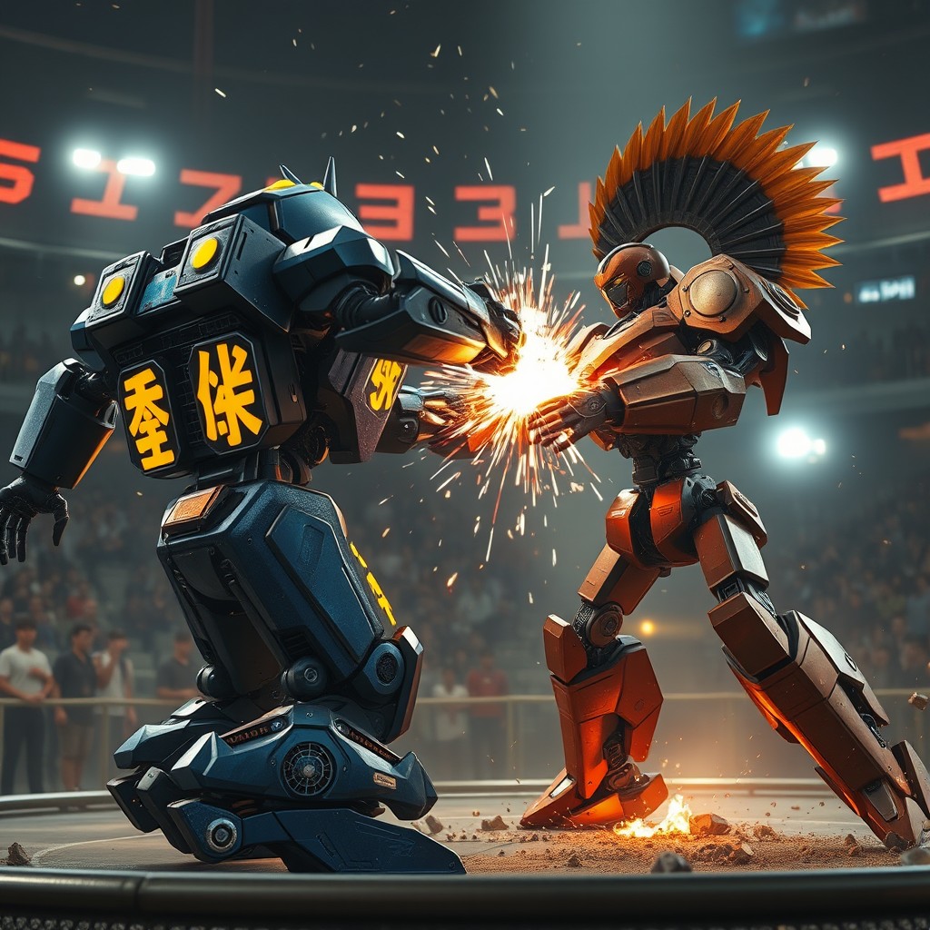 Two futuristic battle robots engaged in intense combat within a metallic arena
