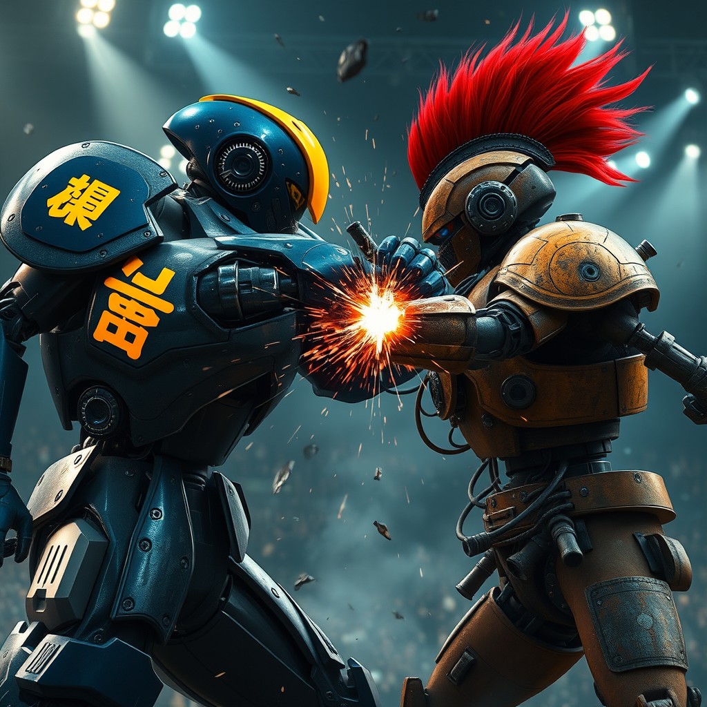 An ultra-realistic battle scene featuring two futuristic combat robots engaged in a fierce fight within a high-tech arena