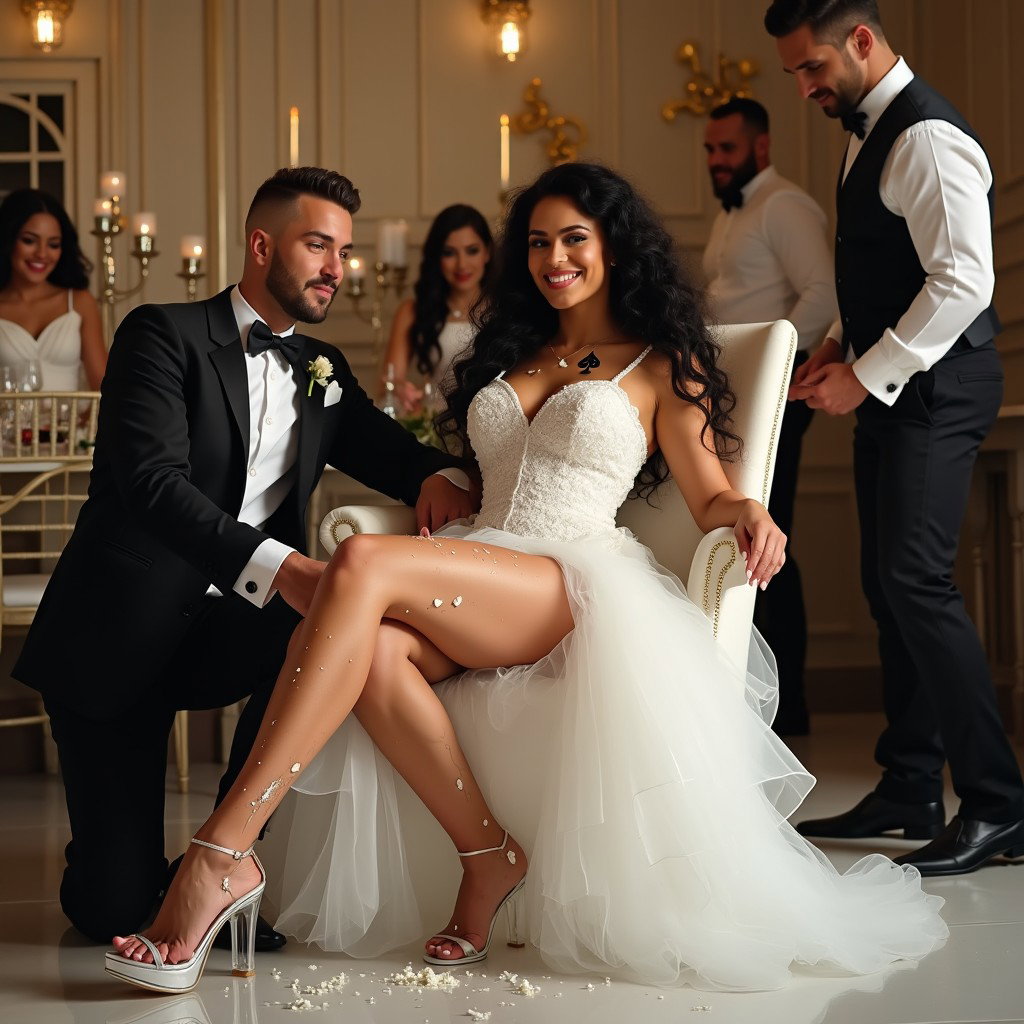 A captivating scene featuring a light-skinned Mexican woman with long, curly black hair and a thick build, showcasing her very thick toned legs and very wide hips