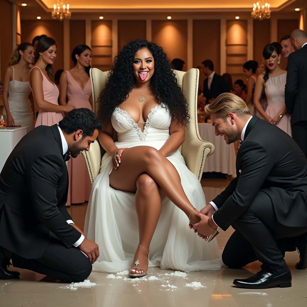 A vibrant scene featuring a light-skinned Mexican woman with long, curly black hair and a very voluptuous physique, showcasing her very thick, toned legs and wide hips