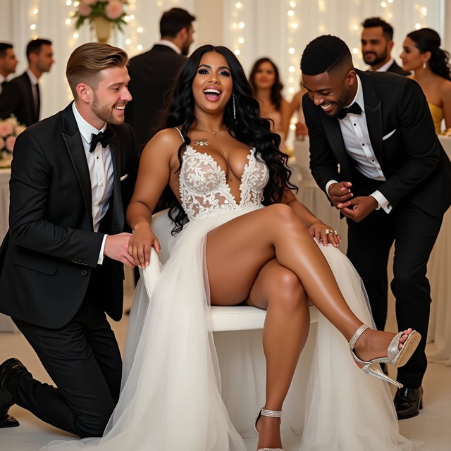 An elegant wedding setting featuring a light-skinned Mexican woman with long, curly black hair, a very thick figure, and notably thick, toned legs