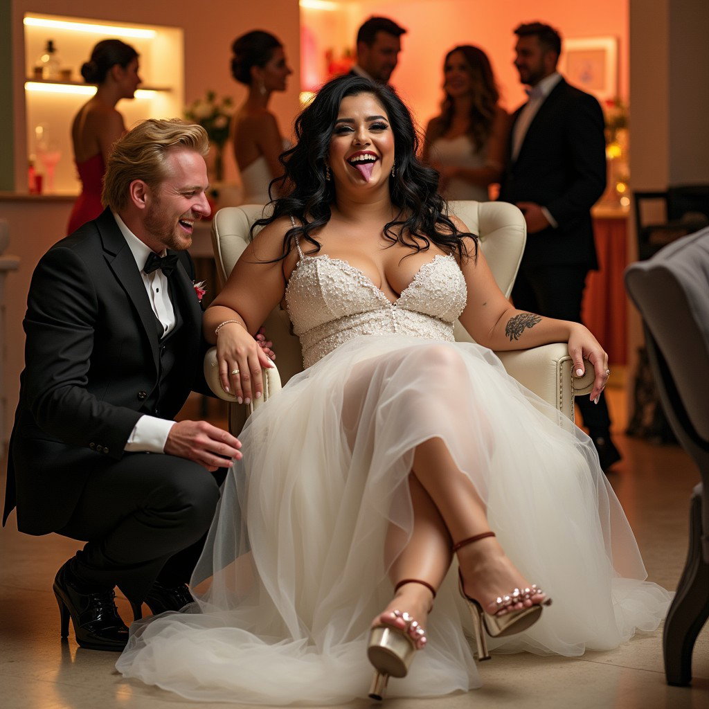 A lively wedding scene featuring a light-skinned Mexican woman with long, curly black hair and an exceptionally curvy physique, including very thick, toned legs and wide hips