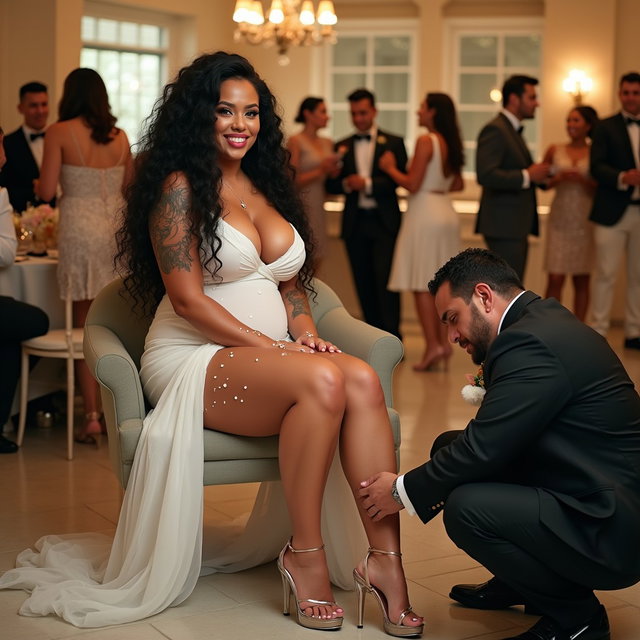 A lively scene depicting a light-skinned Mexican woman with long, curly black hair and a very thick physique