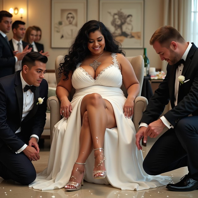 A captivating scene showcasing a light-skinned Mexican woman with long, curly black hair and a very curvy physique, characterized by notably thick, toned legs and very wide hips