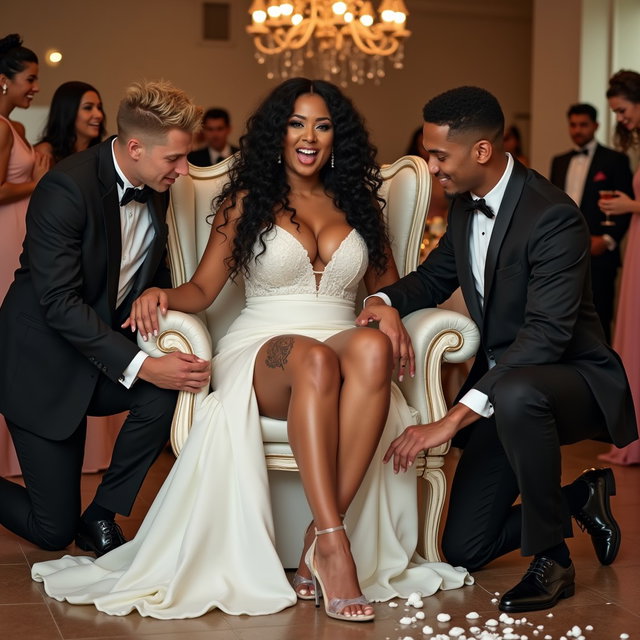 A captivating scene of a light-skinned Mexican woman with long, curly black hair and a thick build, featuring very thick toned legs and wide hips