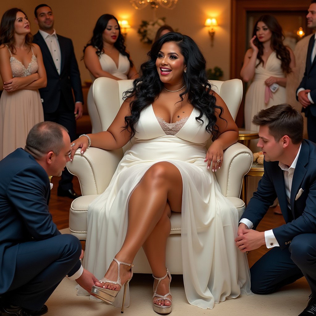 A vibrant and engaging scene featuring a light-skinned Mexican woman with long, curly black hair and a robust physique, showcasing her very thick, toned legs and wide hips