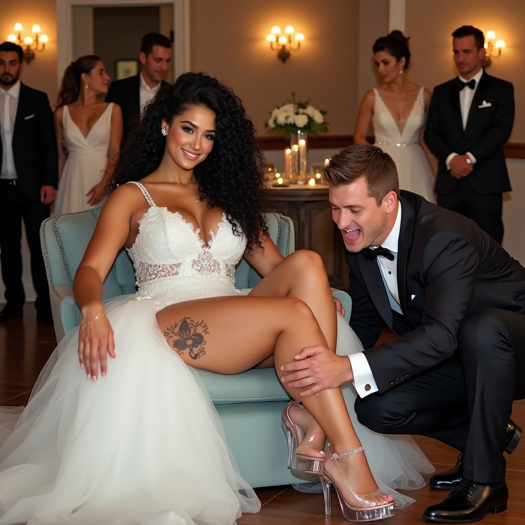 A striking scene featuring a light-skinned Mexican woman with long, curly black hair and a robust physique, showcasing her thick, toned legs and broad hips