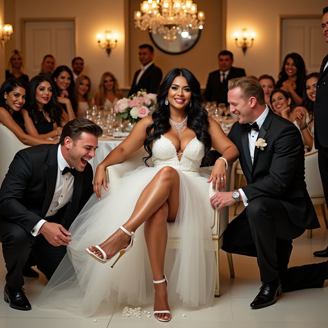 A lively wedding scene featuring a light-skinned Mexican woman with long, curly black hair and a curvy physique, characterized by thick, toned legs and very wide hips